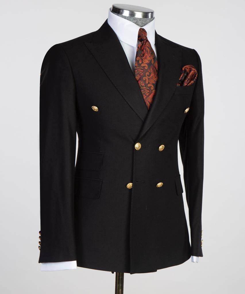 Double Breasted Black Suit Peak Lapel 2pc - SevendayShopping