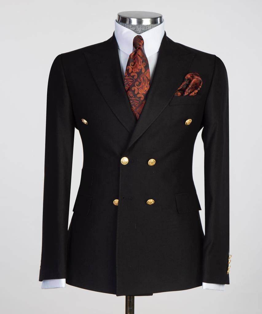 Double Breasted Black Suit Peak Lapel 2pc - SevendayShopping