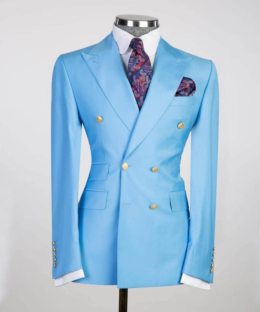 Double Breasted Blue Suit Peak Lapel 2pc - SevendayShopping