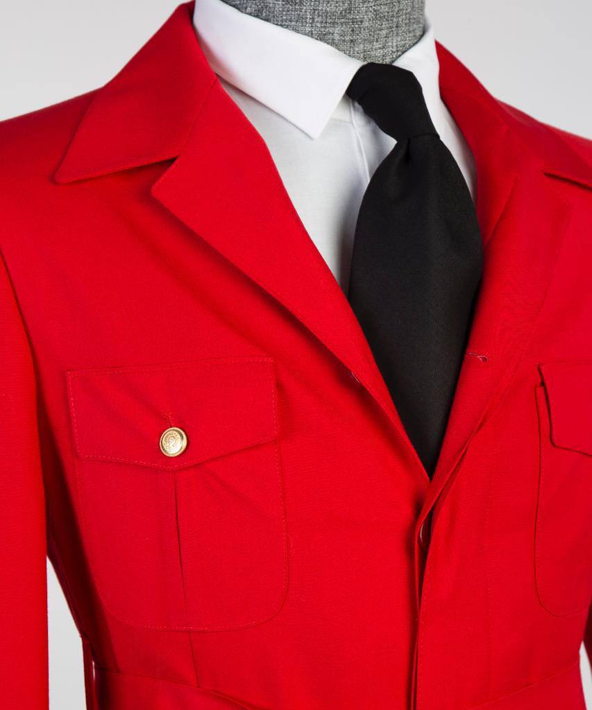 Men's 2 Piece Suit, Red, Belted Design, Costume, Blazer with Pockets