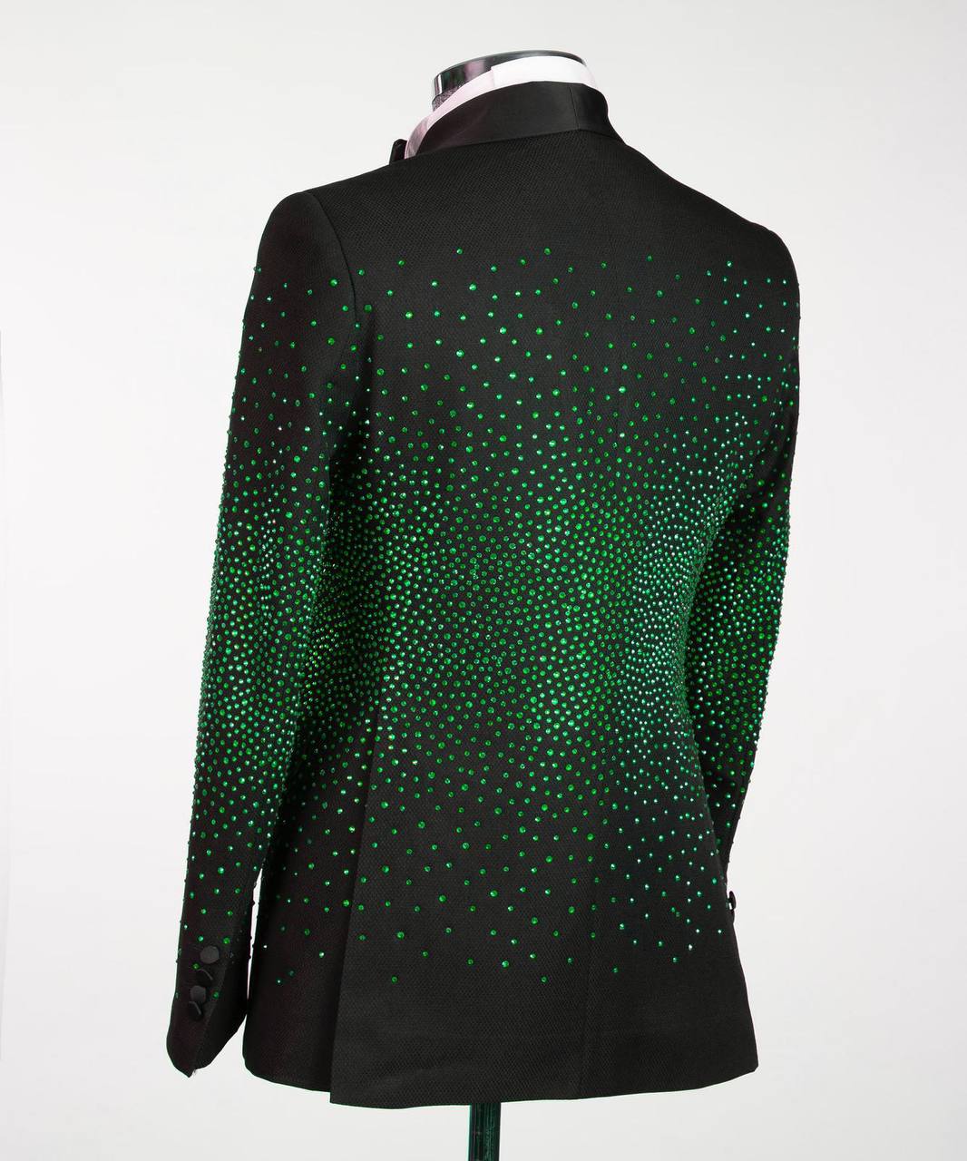 Men's Double Breasted Black Tuxedo, Green Stoned