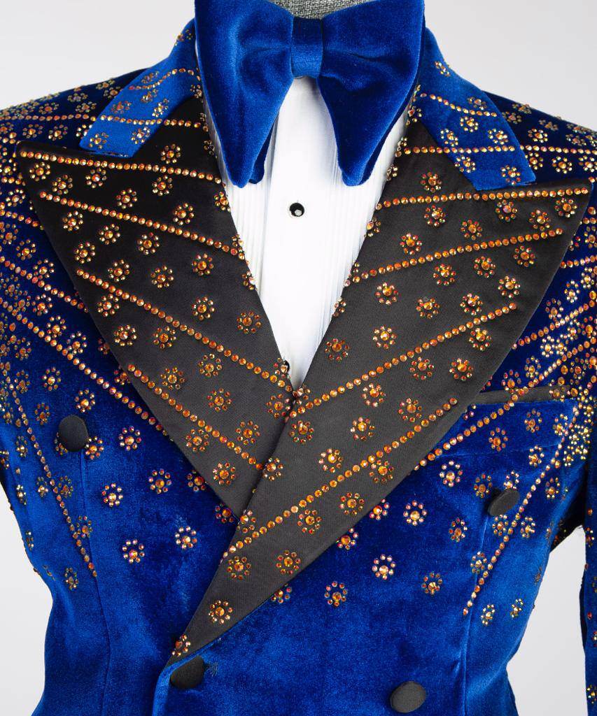 Blue Velvet Tuxedo, Gold Rhinestone, Double-Breasted - SevendayShopping