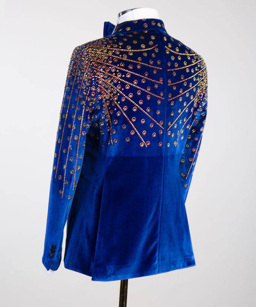 Blue Velvet Tuxedo, Gold Rhinestone, Double-Breasted - SevendayShopping