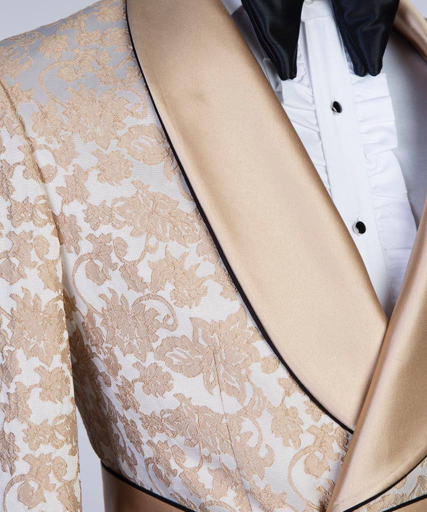 Men's 3 Piece Double Breasted Milky Brown Lace Designed Tuxedo