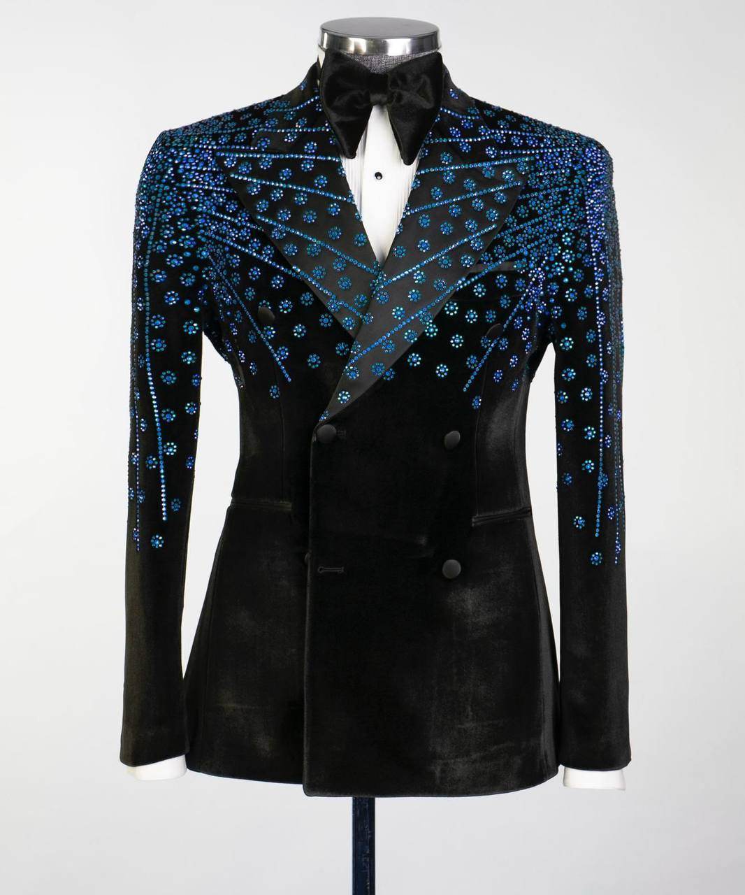 Black Velvet Tuxedo, Blue Rhinestone, Double-Breasted - SevendayShopping