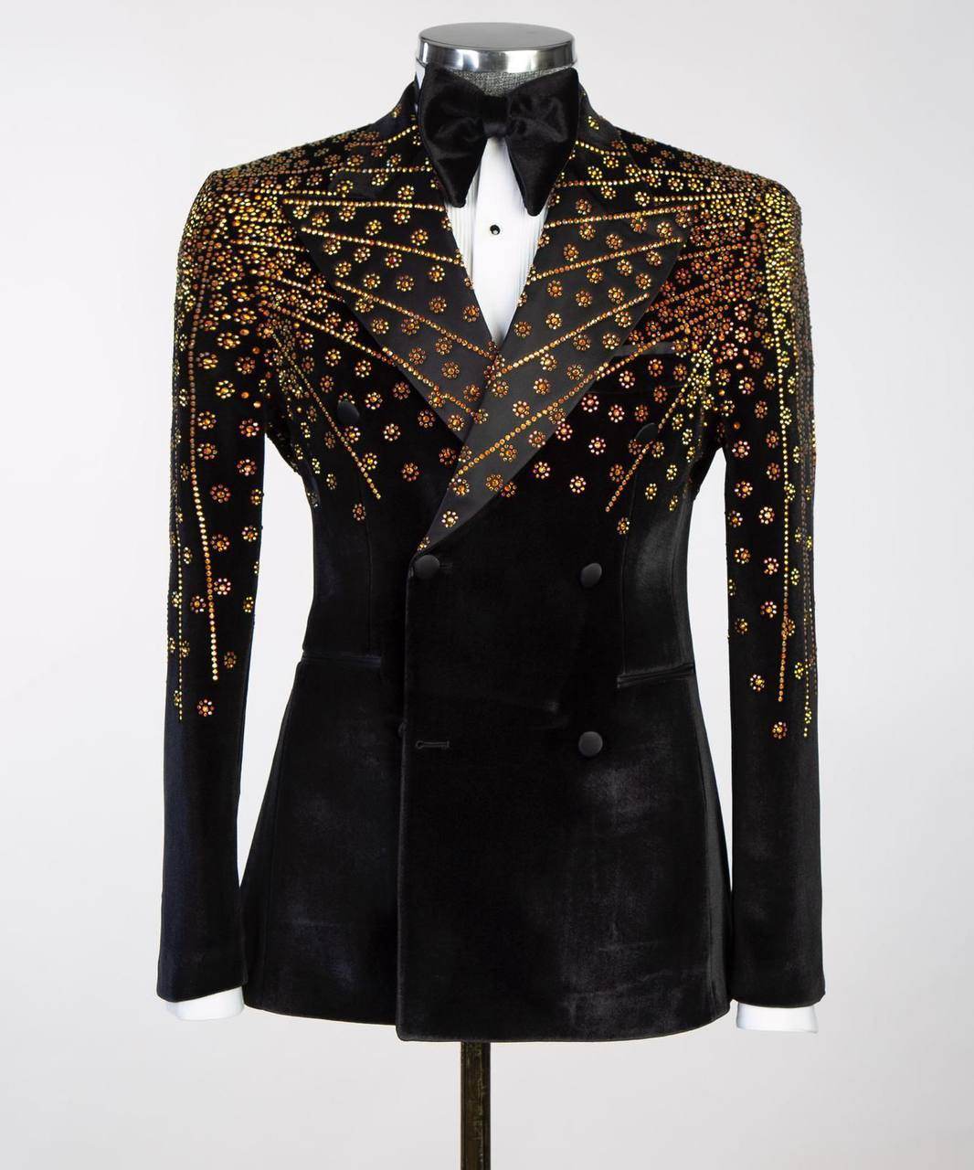 Black Velvet Tuxedo, Gold Rhinestone, Double-Breasted - SevendayShopping