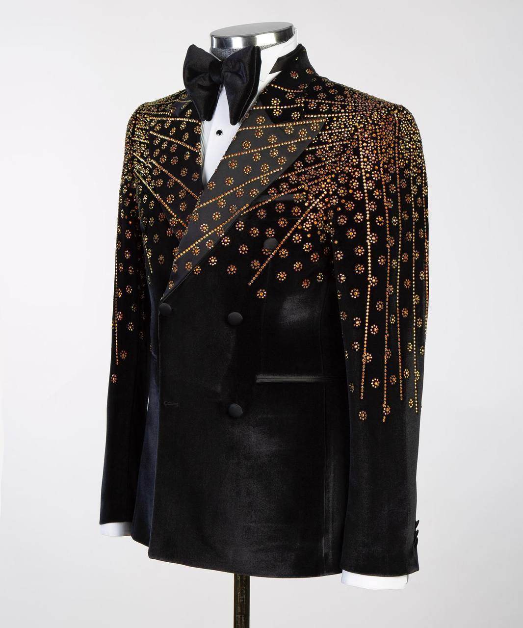 Black Velvet Tuxedo, Gold Rhinestone, Double-Breasted - SevendayShopping