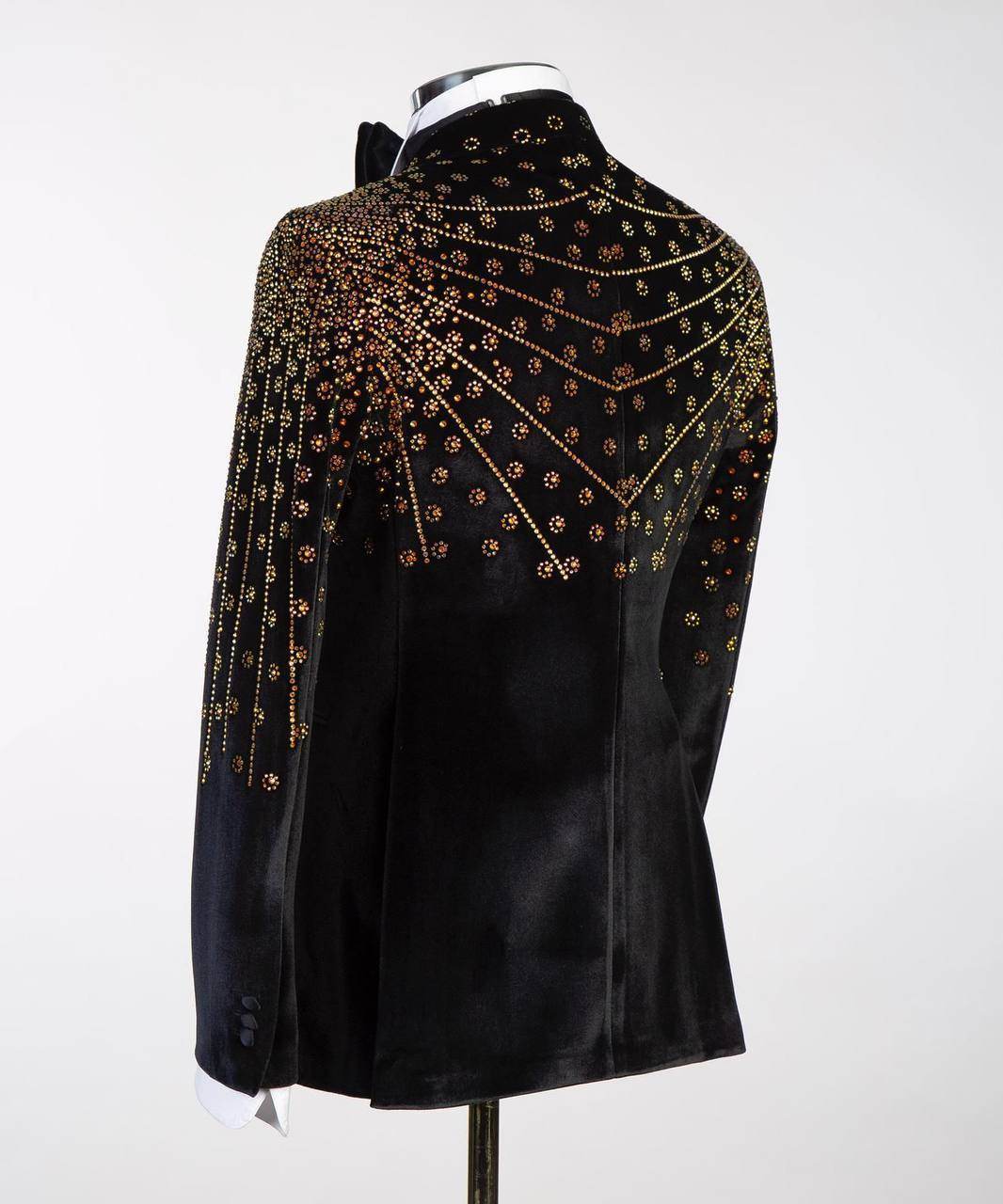 Black Velvet Tuxedo, Gold Rhinestone, Double-Breasted - SevendayShopping