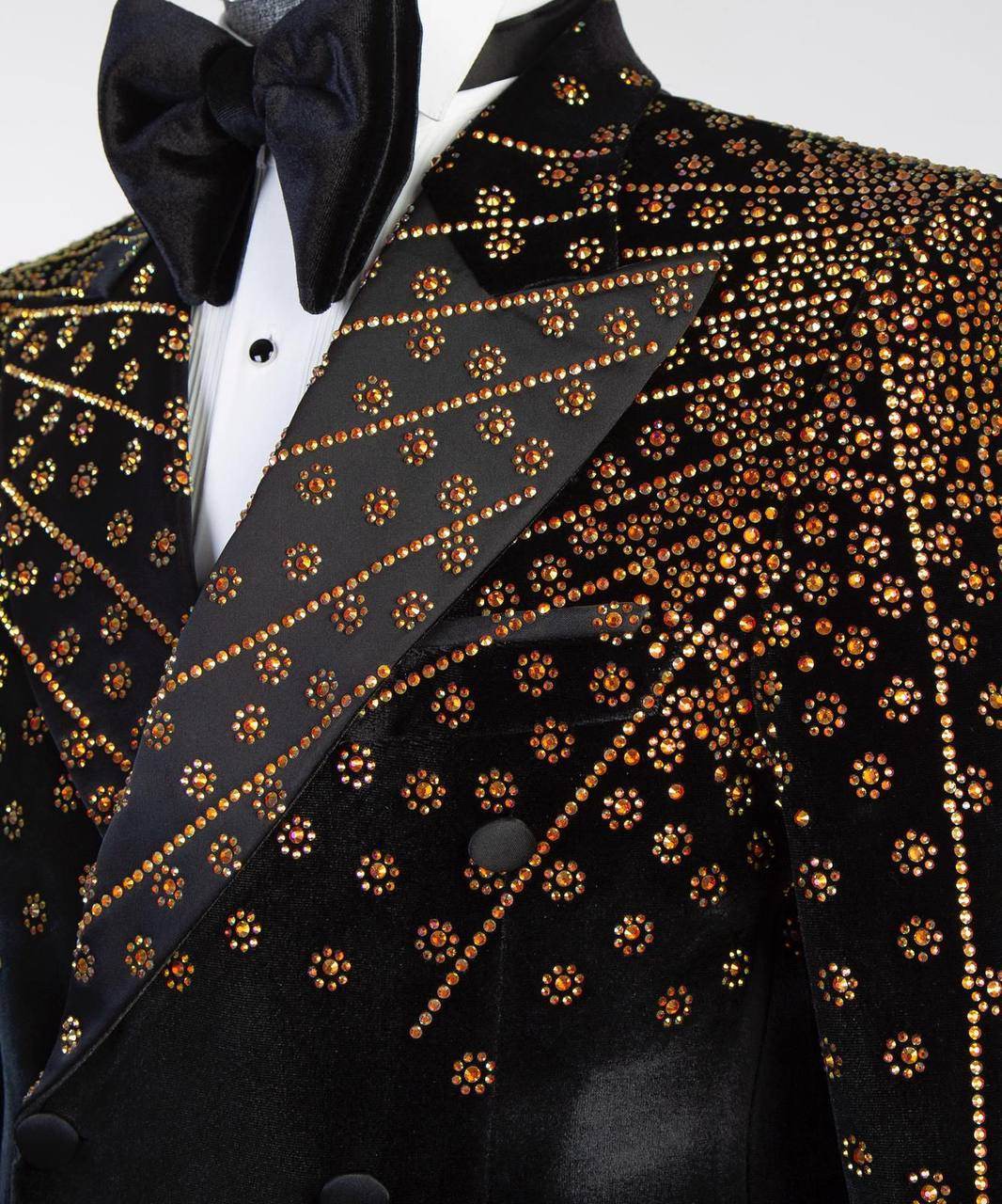 Black Velvet Tuxedo, Gold Rhinestone, Double-Breasted - SevendayShopping
