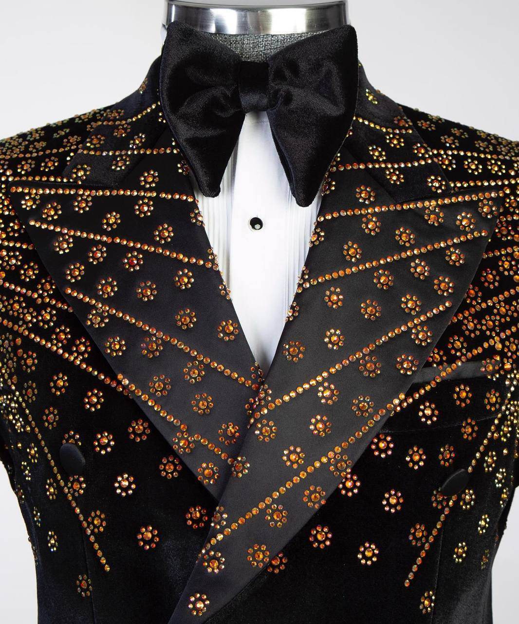 Black Velvet Tuxedo, Gold Rhinestone, Double-Breasted - SevendayShopping