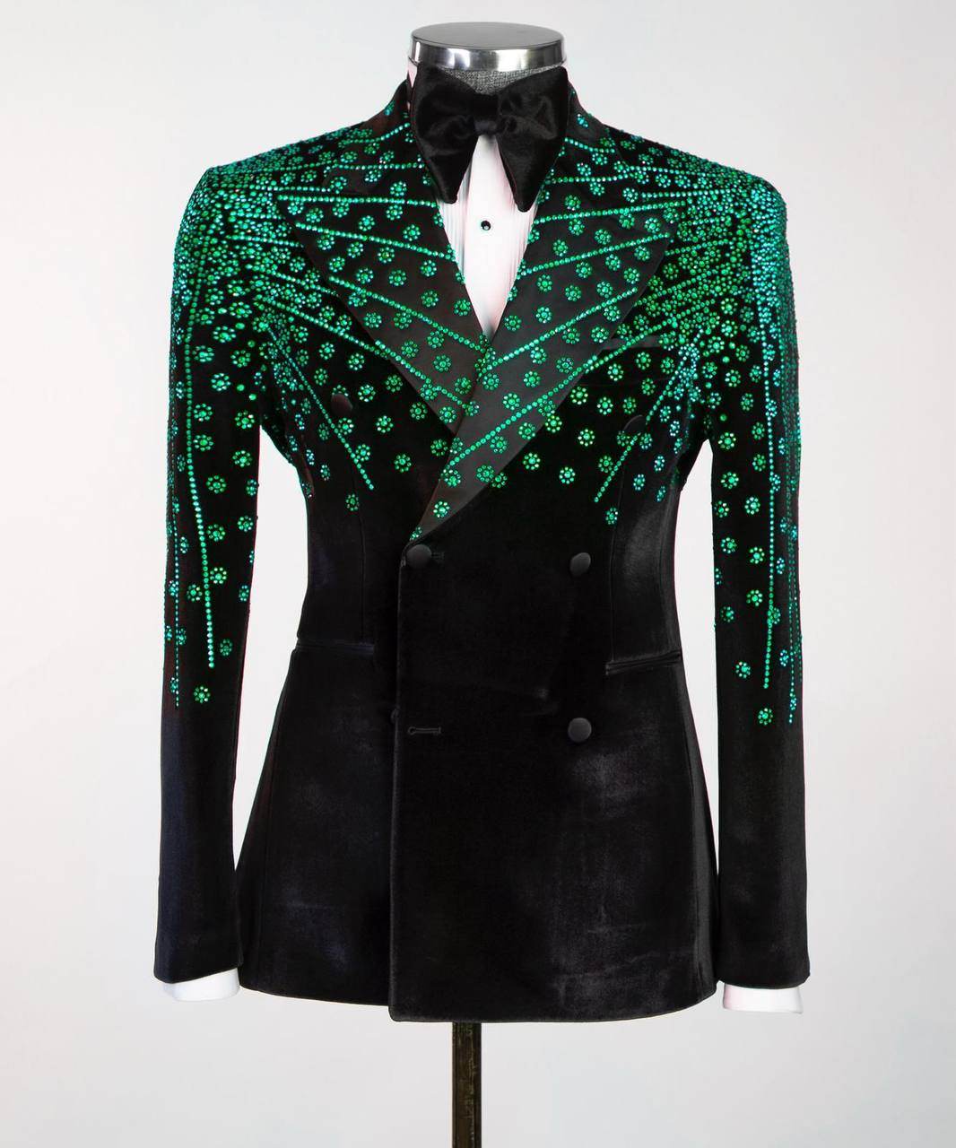 Black Velvet Tuxedo, Green Rhinestone, Double-Breasted - SevendayShopping
