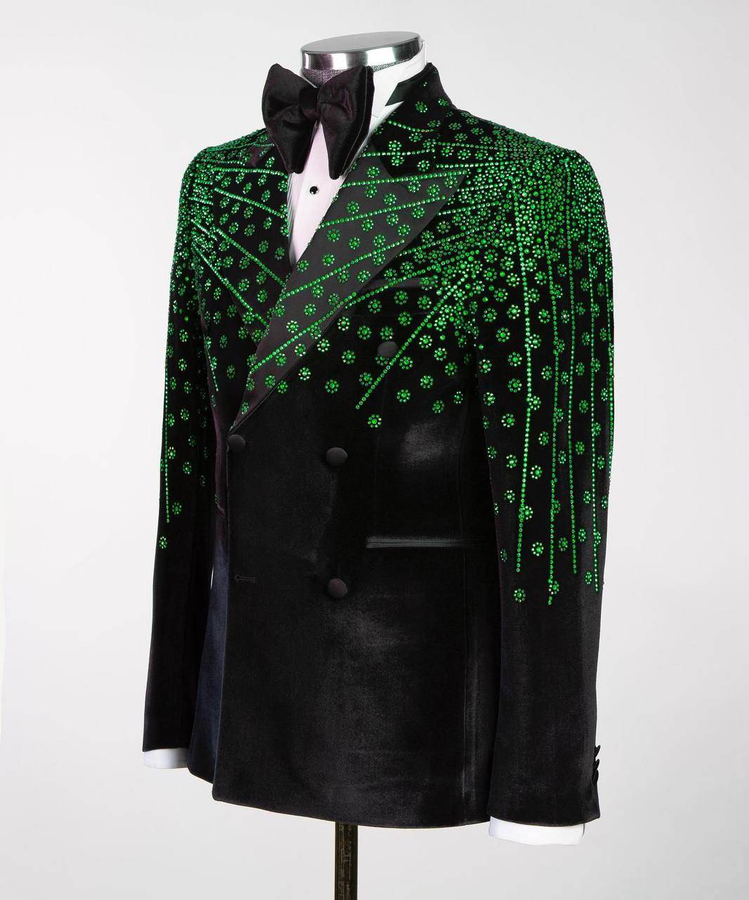Black Velvet Tuxedo, Green Rhinestone, Double-Breasted - SevendayShopping