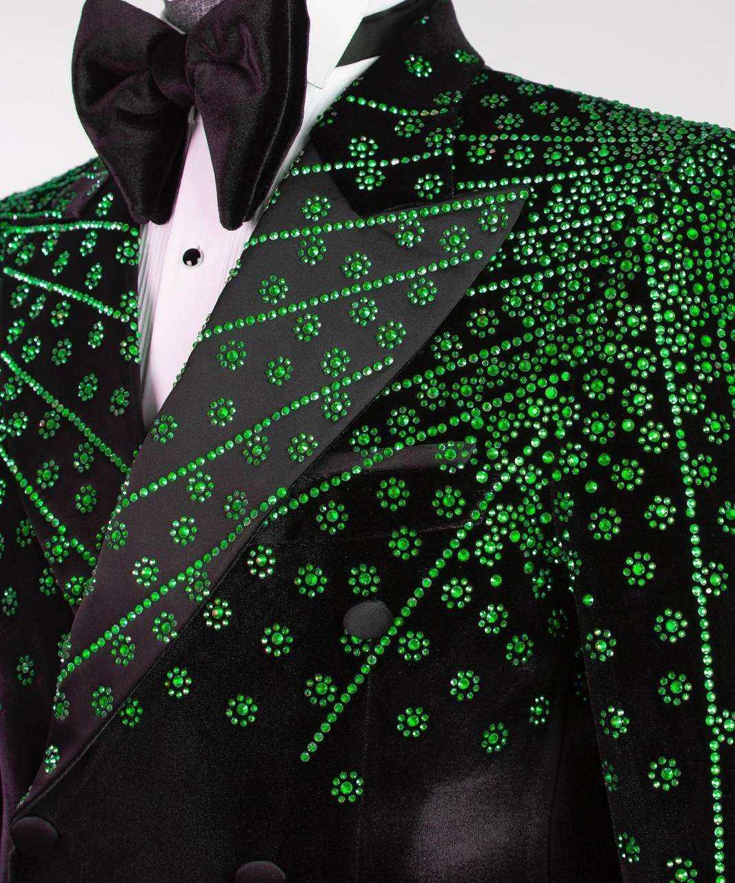 Black Velvet Tuxedo, Green Rhinestone, Double-Breasted - SevendayShopping