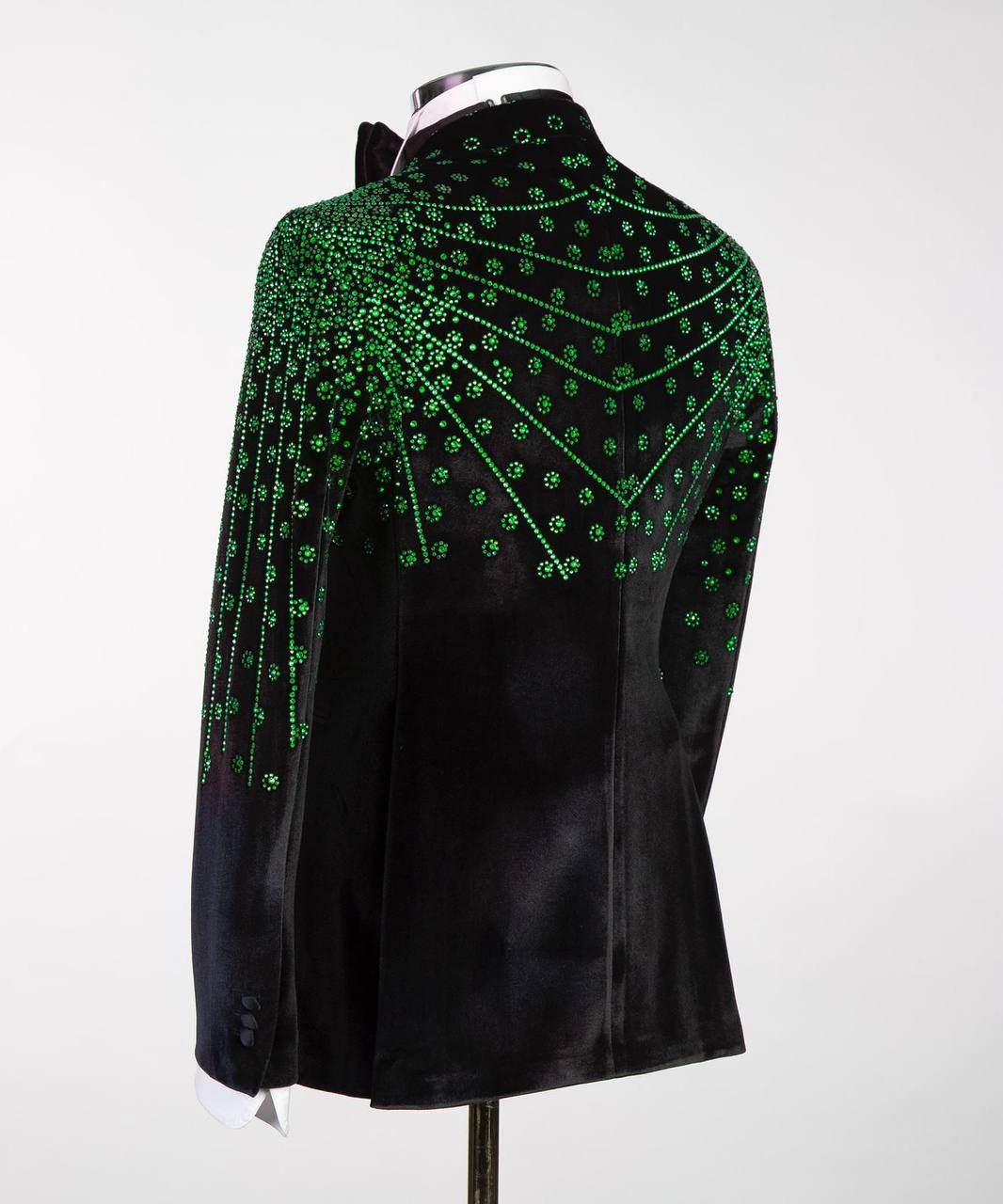 Black Velvet Tuxedo, Green Rhinestone, Double-Breasted - SevendayShopping