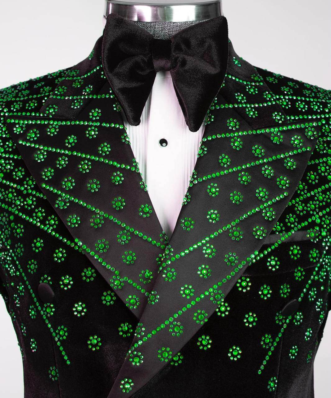 Black Velvet Tuxedo, Green Rhinestone, Double-Breasted - SevendayShopping