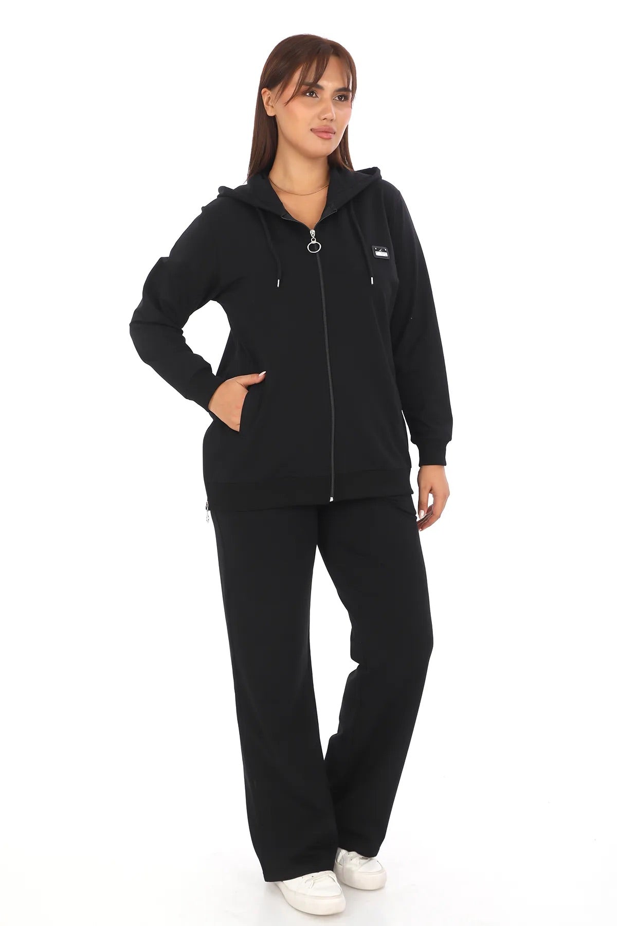 Women's Black Hooded 2-Piece Tracksuit Set