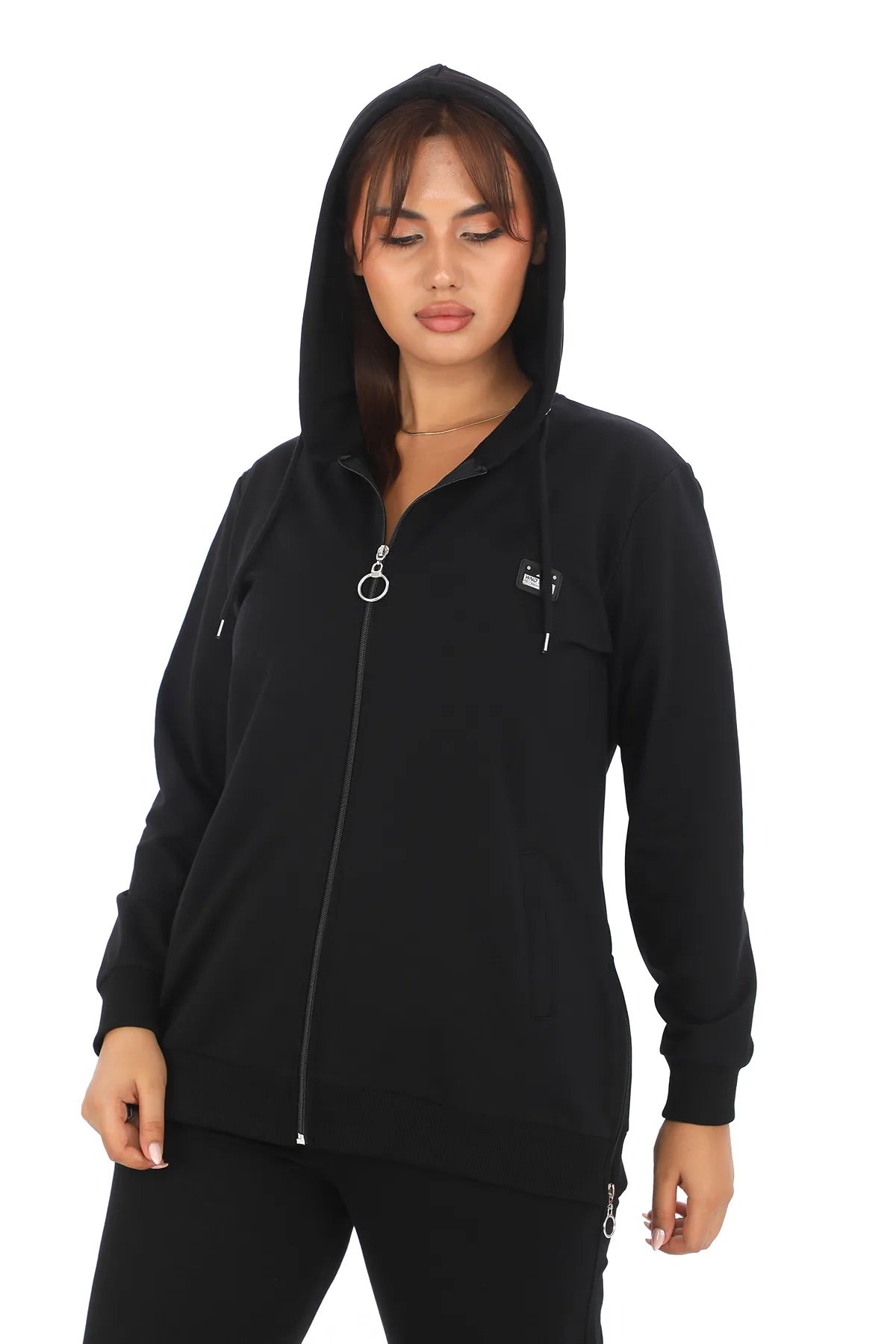 Women's Black Hooded 2-Piece Tracksuit Set