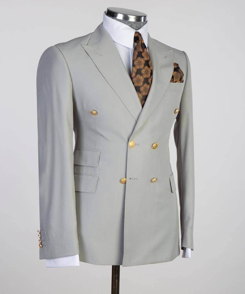 Double Breasted Grey Suit Peak Lapel 2pc - SevendayShopping