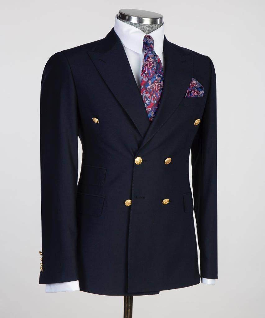 Double Breasted Navy Suit Peak Lapel 2pc - SevendayShopping