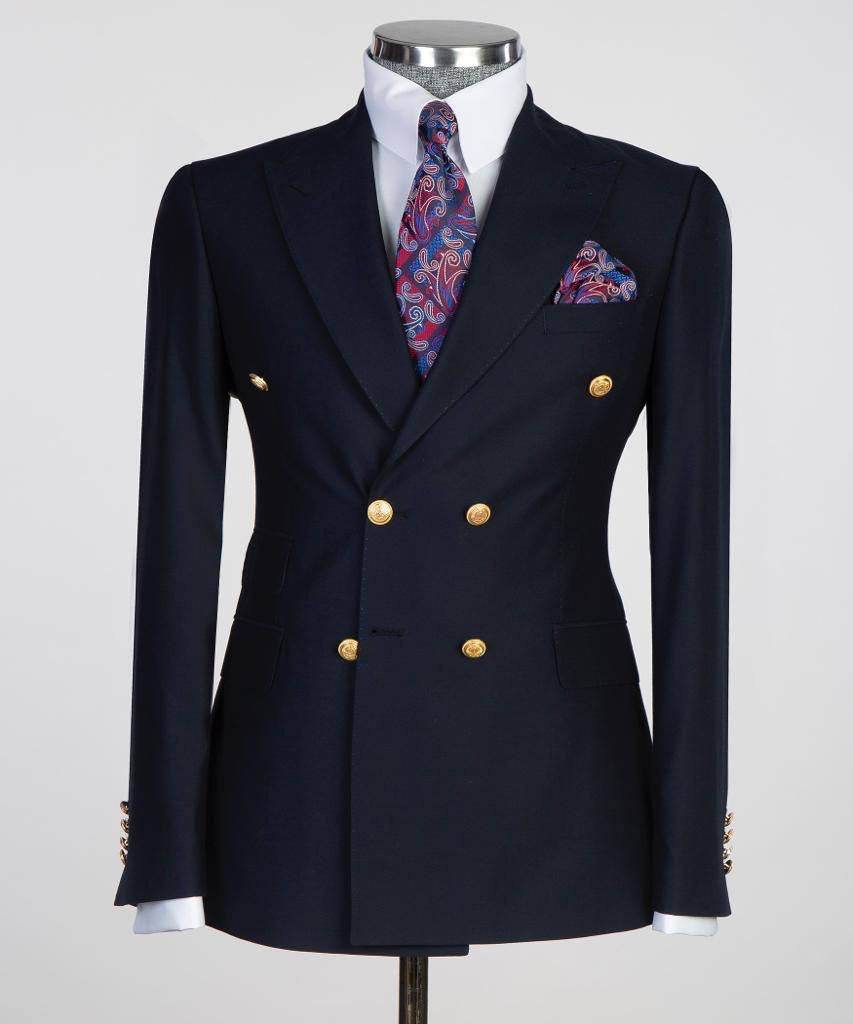 Double Breasted Navy Suit Peak Lapel 2pc - SevendayShopping