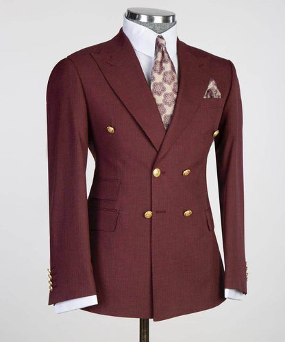 Double Breasted Burgundy Suit Peak Lapel 2pc - SevendayShopping