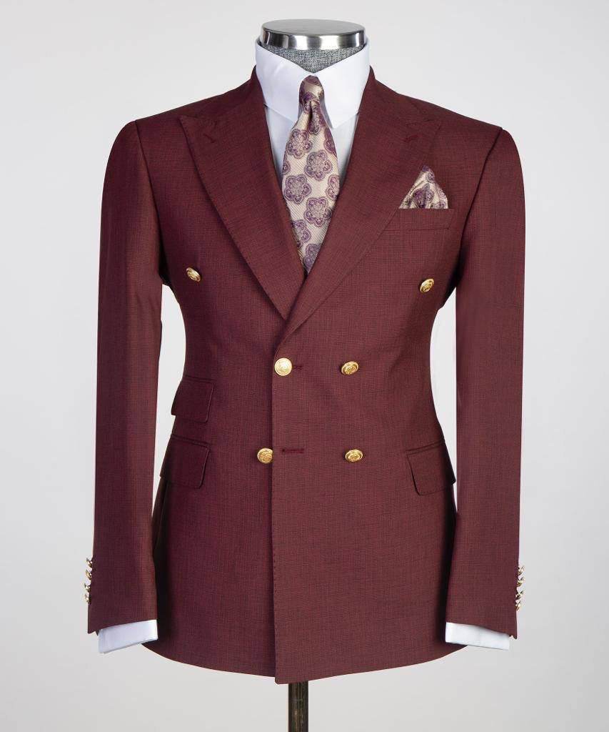 Double Breasted Burgundy Suit Peak Lapel 2pc - SevendayShopping