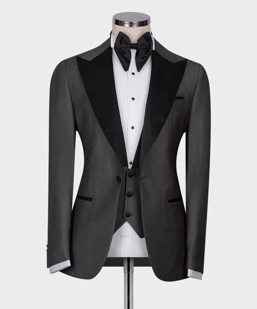 Men's 3 Piece Dark Grey Black Satin Collar Tuxedo