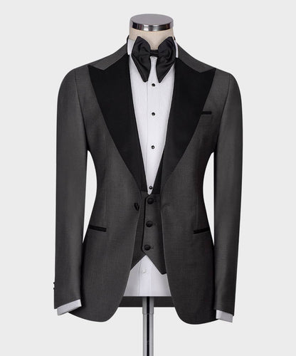 Men's 3 Piece Dark Grey Black Satin Collar Tuxedo