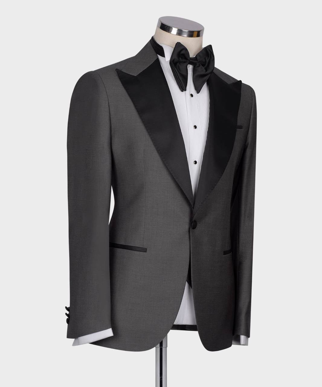 Men's 3 Piece Dark Grey Black Satin Collar Tuxedo