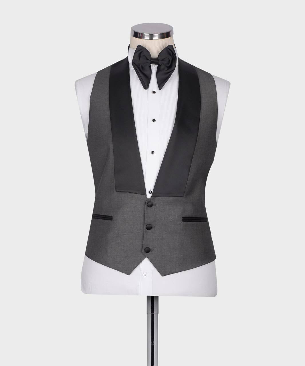 Men's 3 Piece Dark Grey Black Satin Collar Tuxedo