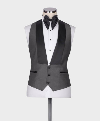 Men's 3 Piece Dark Grey Black Satin Collar Tuxedo