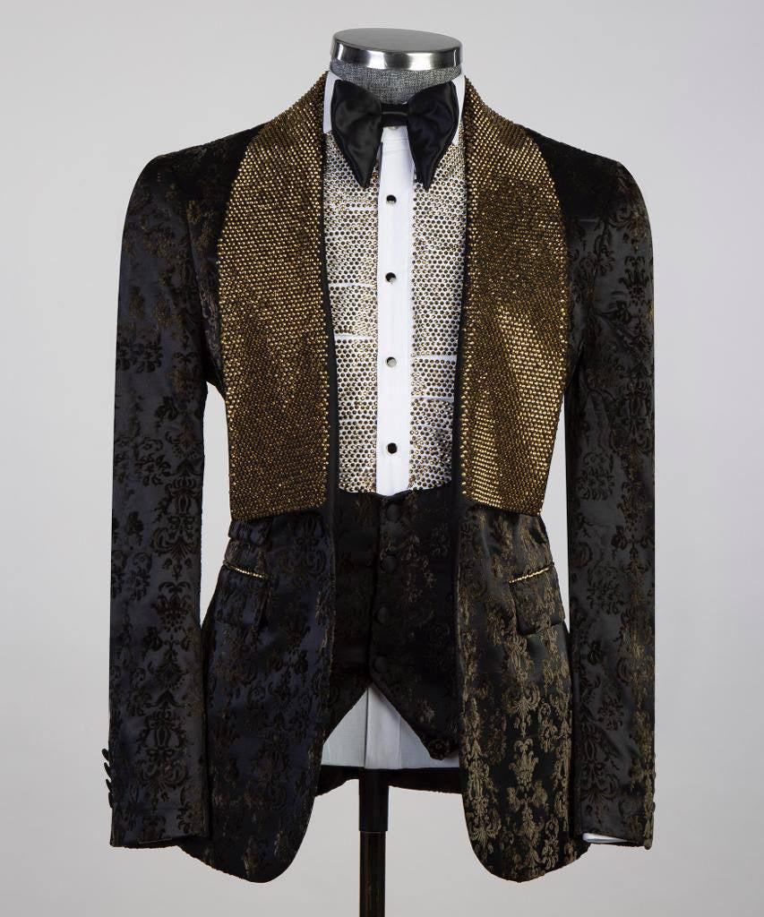 Men's 3 Piece Stone Designed Gold/Black Tuxedo