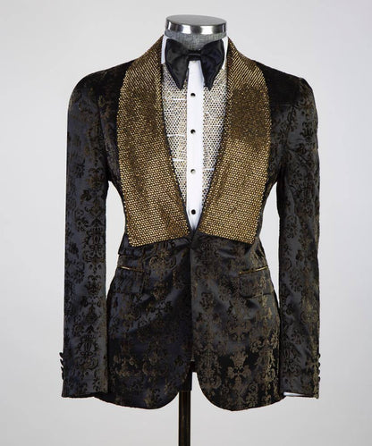 Men's 3 Piece Stone Designed Gold/Black Tuxedo