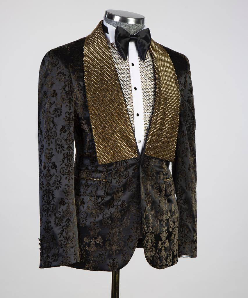 Men's 3 Piece Stone Designed Gold/Black Tuxedo