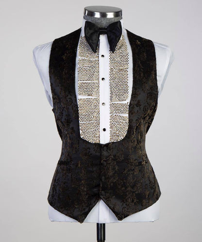 Men's 3 Piece Stone Designed Gold/Black Tuxedo