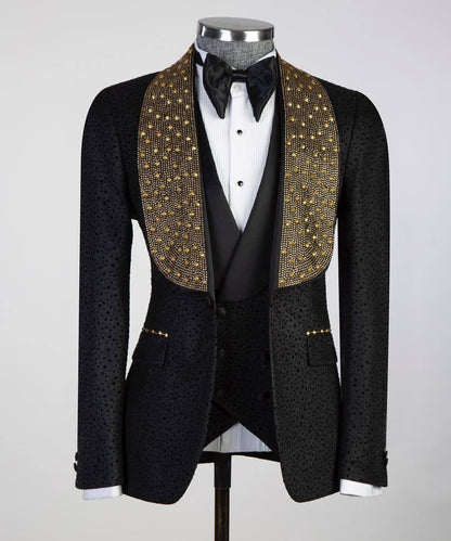 Men's 3 Piece Stone Designed Black Tuxedo