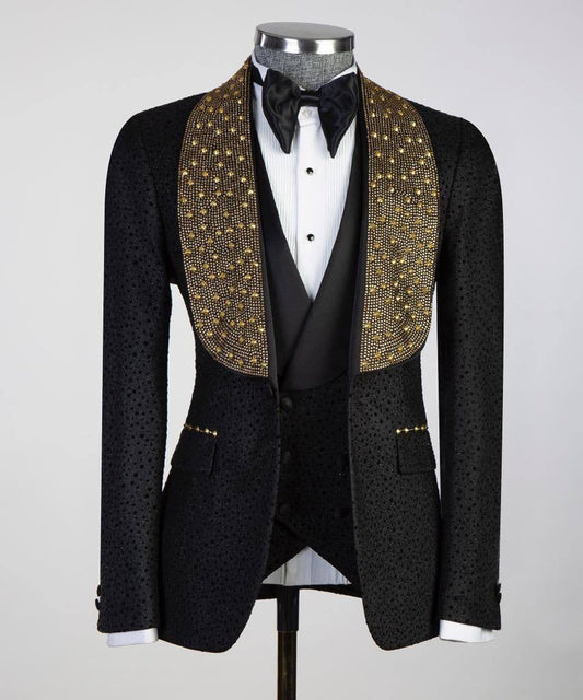 Men's 3 Piece Stone Designed Black Tuxedo