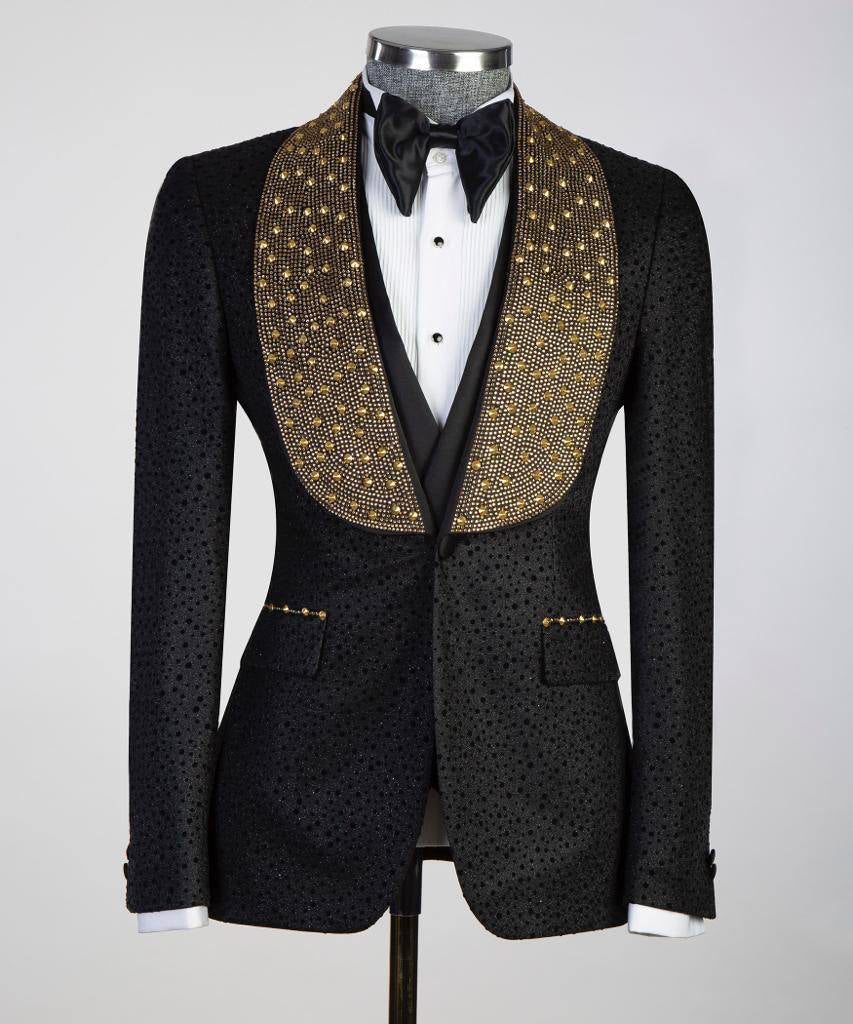 Men's 3 Piece Stone Designed Black Tuxedo