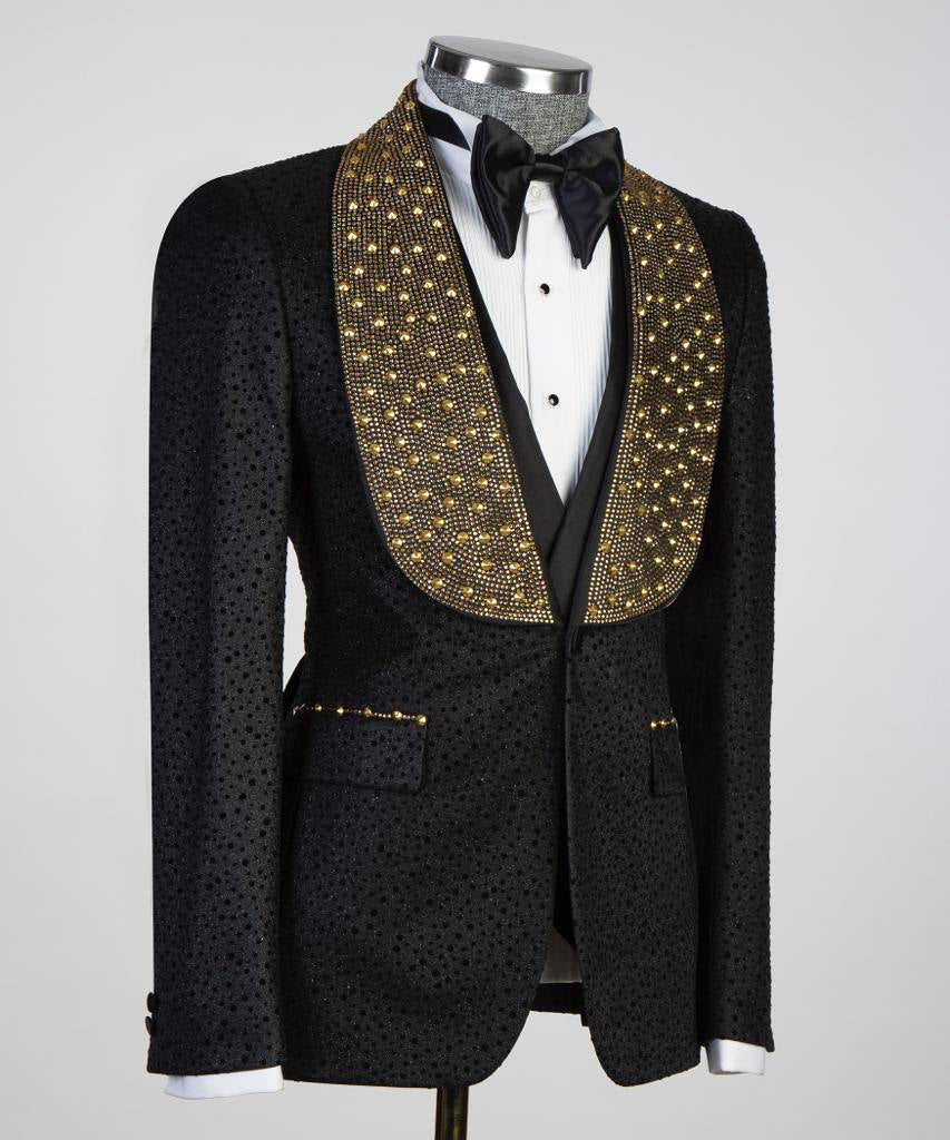 Men's 3 Piece Stone Designed Black Tuxedo