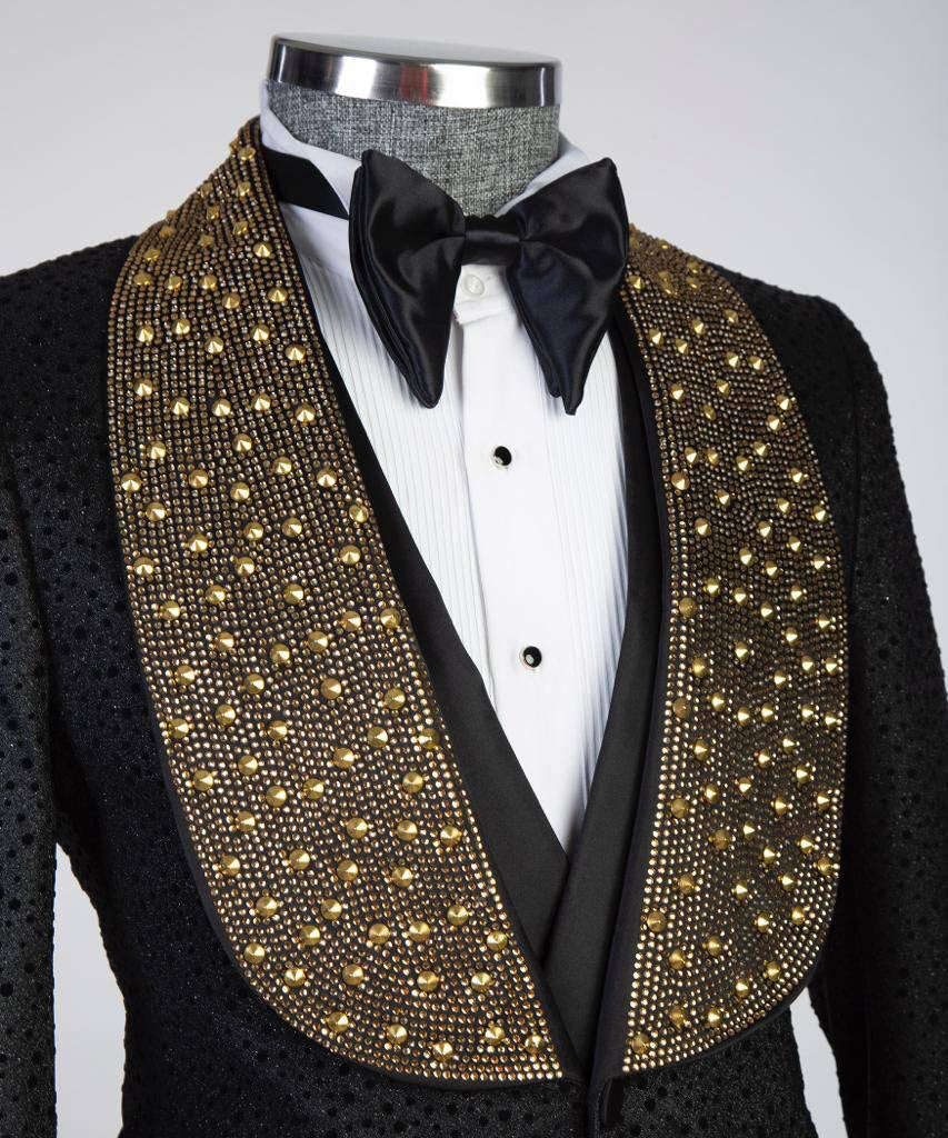 Men's 3 Piece Stone Designed Black Tuxedo