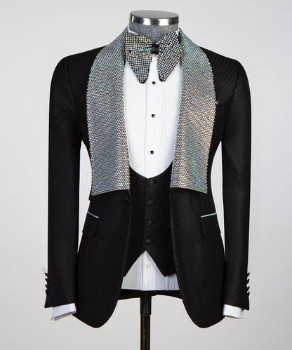 Men's 3 Piece Stone Designed Black Tuxedo