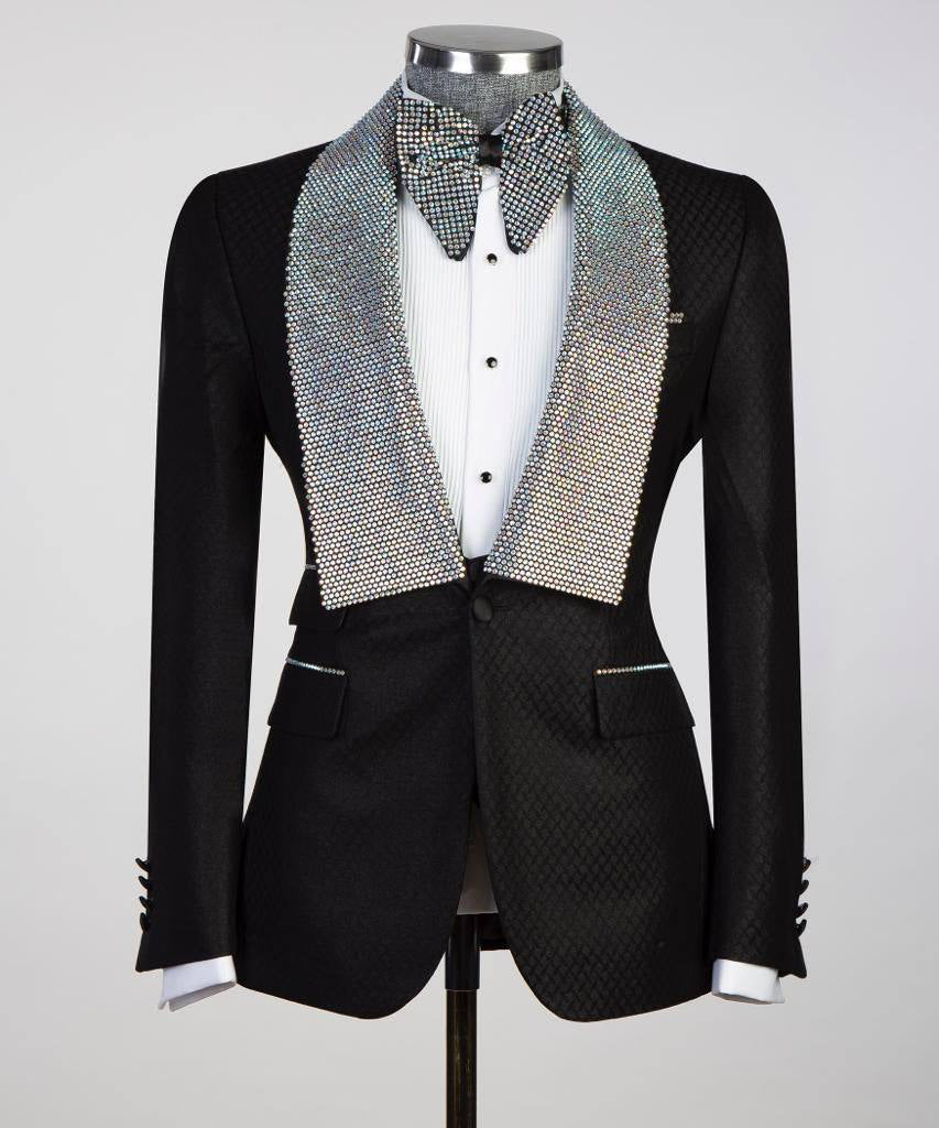 Men's 3 Piece Stone Designed Black Tuxedo