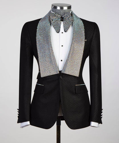 Men's 3 Piece Stone Designed Black Tuxedo