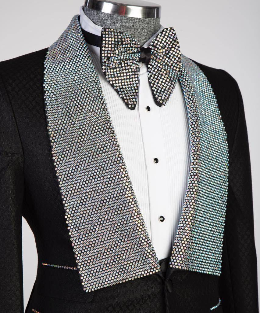 Men's 3 Piece Stone Designed Black Tuxedo