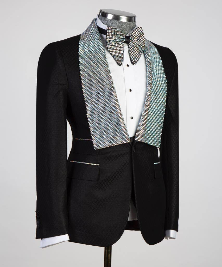 Men's 3 Piece Stone Designed Black Tuxedo