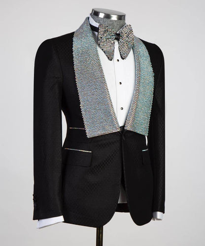 Men's 3 Piece Stone Designed Black Tuxedo