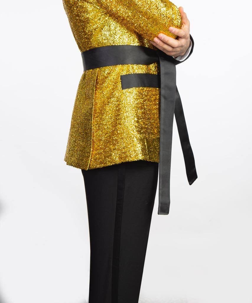 Men's 3 Piece Double Breasted Black and Shiny Gold Tuxedo