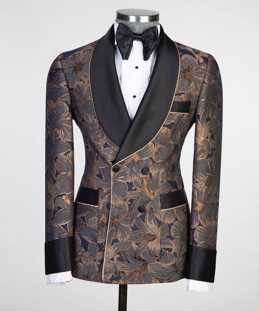Men's 3 Piece Double Breasted Black and Gold Tuxedo