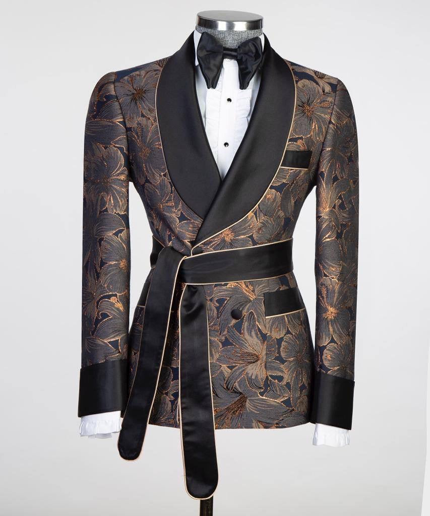 Men's 3 Piece Double Breasted Black and Gold Tuxedo