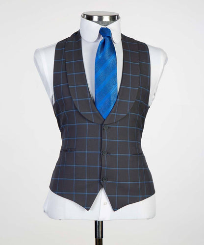 Men's 3 Piece Plaid Single Breasted Grey/Blue Suit